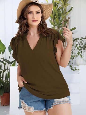 Plus Size Tops for Women V Neck Ruffle Sleeve Blouse Solid Color Tunic Casual Shirts Summer in Saudi Arabia