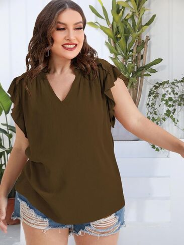Plus Size Tops for Women V Neck Ruffle Sleeve Blouse Solid Color Tunic Casual Shirts Summer in Saudi Arabia