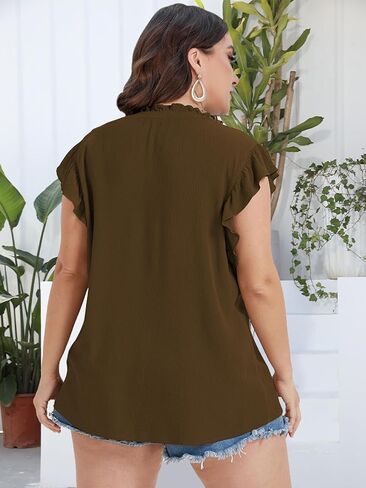 Plus Size Tops for Women V Neck Ruffle Sleeve Blouse Solid Color Tunic Casual Shirts Summer in Saudi Arabia