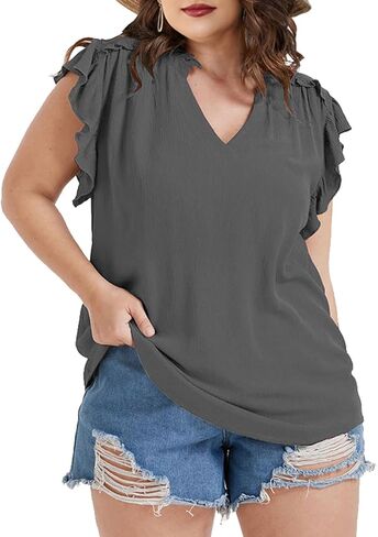 Plus Size Tops for Women V Neck Ruffle Sleeve Blouse Solid Color Tunic Casual Shirts Summer in Saudi Arabia