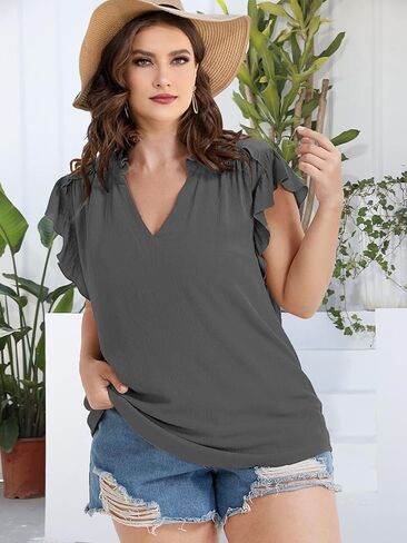 Plus Size Tops for Women V Neck Ruffle Sleeve Blouse Solid Color Tunic Casual Shirts Summer in Saudi Arabia