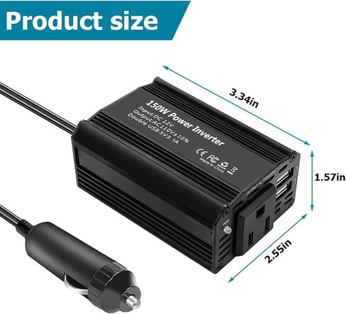 150W Car Power Inverter, DC 12V to 110V AC Auto Charger Converter, Vehicle Adapter Plug Outlet with 3.1A Dual USB Vehicle Charger, Multifunctional Car Accessories for Laptop (Black) in Saudi Arabia