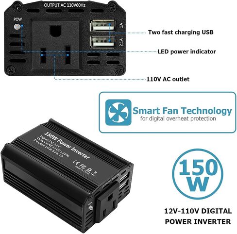 150W Car Power Inverter, DC 12V to 110V AC Auto Charger Converter, Vehicle Adapter Plug Outlet with 3.1A Dual USB Vehicle Charger, Multifunctional Car Accessories for Laptop (Black) in Saudi Arabia