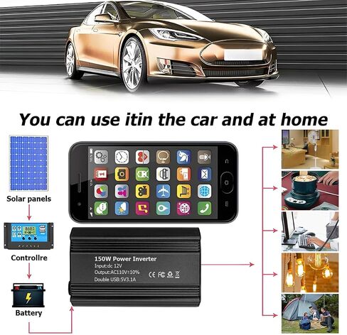 150W Car Power Inverter, DC 12V to 110V AC Auto Charger Converter, Vehicle Adapter Plug Outlet with 3.1A Dual USB Vehicle Charger, Multifunctional Car Accessories for Laptop (Black) in Saudi Arabia