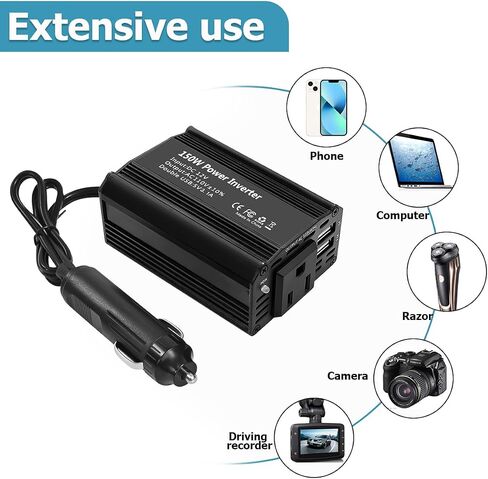 150W Car Power Inverter, DC 12V to 110V AC Auto Charger Converter, Vehicle Adapter Plug Outlet with 3.1A Dual USB Vehicle Charger, Multifunctional Car Accessories for Laptop (Black) in Saudi Arabia