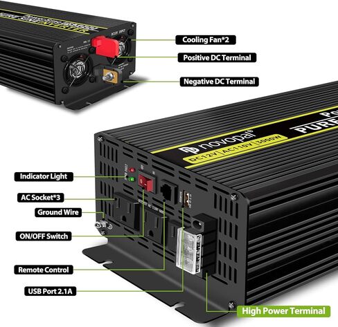 Novopal Pure Sine Wave Power Inverter 1000 Watt 12V DC to 110V/120V AC Converter 4 AC Outlets Car Inverter with One USB Port 16.4 Feet Remote Control and Two Cooling Fans black in Saudi Arabia