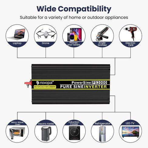 Novopal Pure Sine Wave Power Inverter 1000 Watt 12V DC to 110V/120V AC Converter 4 AC Outlets Car Inverter with One USB Port 16.4 Feet Remote Control and Two Cooling Fans black in Saudi Arabia
