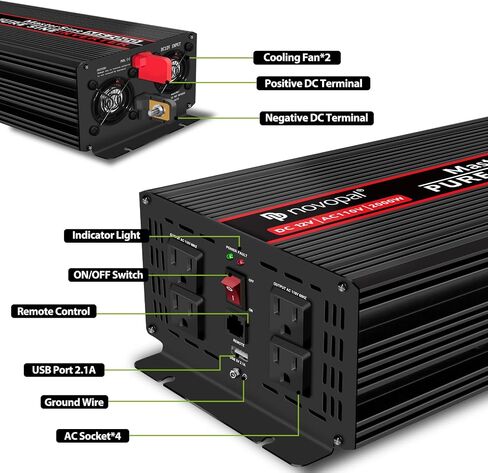 Novopal Pure Sine Wave Power Inverter 1000 Watt 12V DC to 110V/120V AC Converter 4 AC Outlets Car Inverter with One USB Port 16.4 Feet Remote Control and Two Cooling Fans black in Saudi Arabia