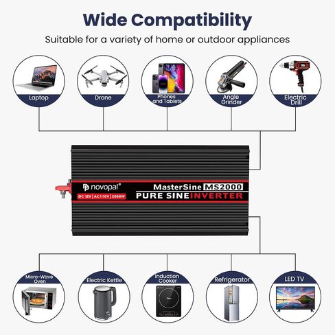 Novopal Pure Sine Wave Power Inverter 1000 Watt 12V DC to 110V/120V AC Converter 4 AC Outlets Car Inverter with One USB Port 16.4 Feet Remote Control and Two Cooling Fans black in Saudi Arabia