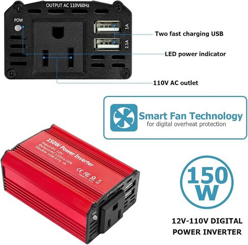 150W Car Power Inverter, DC 12V to 110V AC Auto Charger Converter, Vehicle Adapter Plug Outlet with 3.1A Dual USB Vehicle Charger, Multifunctional Car Accessories for Laptop (Black) in Saudi Arabia