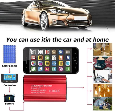 150W Car Power Inverter, DC 12V to 110V AC Auto Charger Converter, Vehicle Adapter Plug Outlet with 3.1A Dual USB Vehicle Charger, Multifunctional Car Accessories for Laptop (Black) in Saudi Arabia