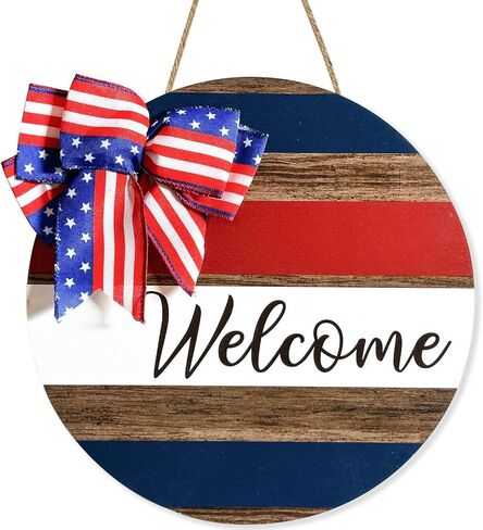 علامة باب الترحيب الوطنية في الرابع من يوليو، مقاس 30.48 سم، يوم الاستقلال، لافتة معلقة خشبية أمريكية ريفية مع قوس دائري، علامة الشرفة، ديكور للمنزل في الهواء الطلق، أكاليل الحديقة in Kuwait