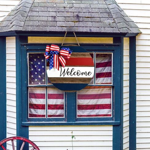 علامة باب الترحيب الوطنية في الرابع من يوليو، مقاس 30.48 سم، يوم الاستقلال، لافتة معلقة خشبية أمريكية ريفية مع قوس دائري، علامة الشرفة، ديكور للمنزل في الهواء الطلق، أكاليل الحديقة in Kuwait