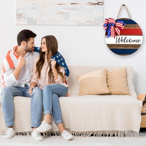 علامة باب الترحيب الوطنية في الرابع من يوليو، مقاس 30.48 سم، يوم الاستقلال، لافتة معلقة خشبية أمريكية ريفية مع قوس دائري، علامة الشرفة، ديكور للمنزل في الهواء الطلق، أكاليل الحديقة in Kuwait