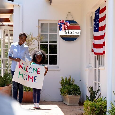 علامة باب الترحيب الوطنية في الرابع من يوليو، مقاس 30.48 سم، يوم الاستقلال، لافتة معلقة خشبية أمريكية ريفية مع قوس دائري، علامة الشرفة، ديكور للمنزل في الهواء الطلق، أكاليل الحديقة in Kuwait