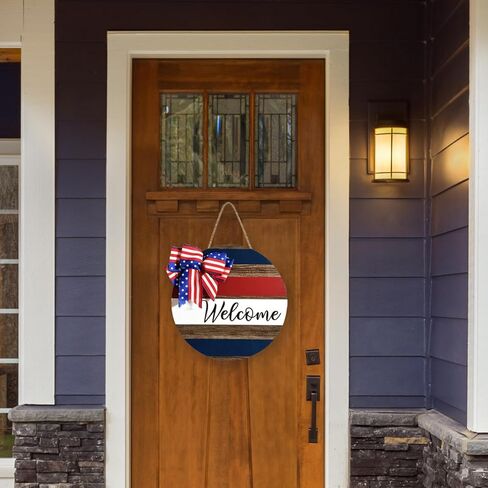 علامة باب الترحيب الوطنية في الرابع من يوليو، مقاس 30.48 سم، يوم الاستقلال، لافتة معلقة خشبية أمريكية ريفية مع قوس دائري، علامة الشرفة، ديكور للمنزل في الهواء الطلق، أكاليل الحديقة in Kuwait