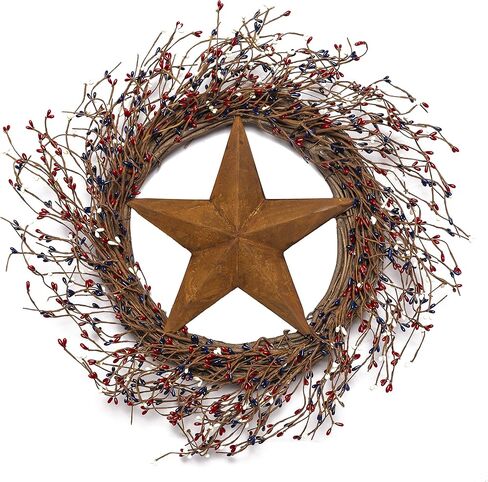 NeoL'artes 22 inch American Patriotic Wreath with Red White and Blue Pip Berries and Barn Star, 4th of July Decor Wreath for Front Door in Saudi Arabia