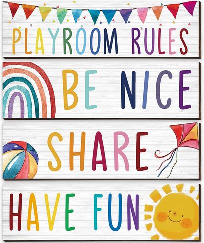 4 Pcs Playroom Sign Kids Playroom Wall Decor Playroom Rules Quotes Sign Be Nice Share Have Fun Wooden Hanging Wall Art Colorful Art Wall Plaque Playroom Decor for Nursery Boys Girls Bedroom (11 x 3'') in Saudi Arabia