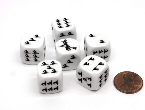 Pack of 6 Witch Halloween Themed 16mm Dice - White with Black Etches in Saudi Arabia