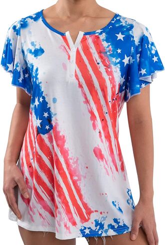American Flag T Shirt Women USA Star Stripes Fourth July Tee Shirts Ruffle Short Sleeve V Neck T-Shirts Loose Fit Tops in Saudi Arabia