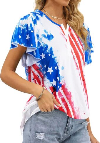 American Flag T Shirt Women USA Star Stripes Fourth July Tee Shirts Ruffle Short Sleeve V Neck T-Shirts Loose Fit Tops in Saudi Arabia