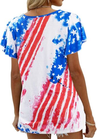 American Flag T Shirt Women USA Star Stripes Fourth July Tee Shirts Ruffle Short Sleeve V Neck T-Shirts Loose Fit Tops in Saudi Arabia