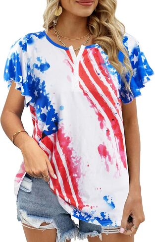 American Flag T Shirt Women USA Star Stripes Fourth July Tee Shirts Ruffle Short Sleeve V Neck T-Shirts Loose Fit Tops in Saudi Arabia
