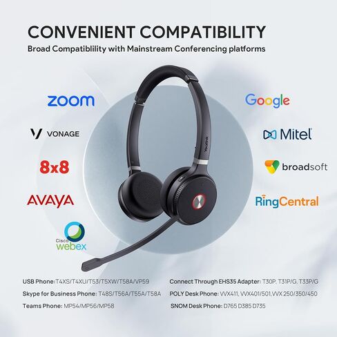 سماعة الرأس اللاسلكية المزدوجة Yealink WH62 لمنصة Zoom المعتمدة ومنصة UC، سماعة عمل DECT مع ميكروفون إلغاء الضوضاء 2X لهاتف IP والكمبيوتر، سماعة مكتب مع نطاق لاسلكي يصل إلى 525 قدمًا in Saudi Arabia