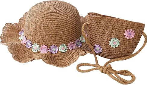 Hat and Bag Set, Toddler Girl Summer Wide Brim Beach Straw Hat with Flower and Shoulder Purse Bag in Saudi Arabia