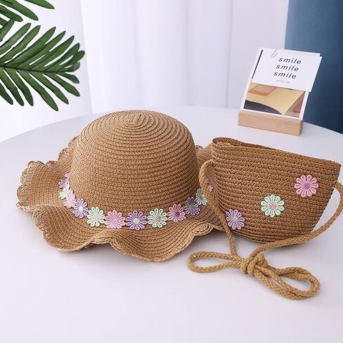 Hat and Bag Set, Toddler Girl Summer Wide Brim Beach Straw Hat with Flower and Shoulder Purse Bag in Saudi Arabia