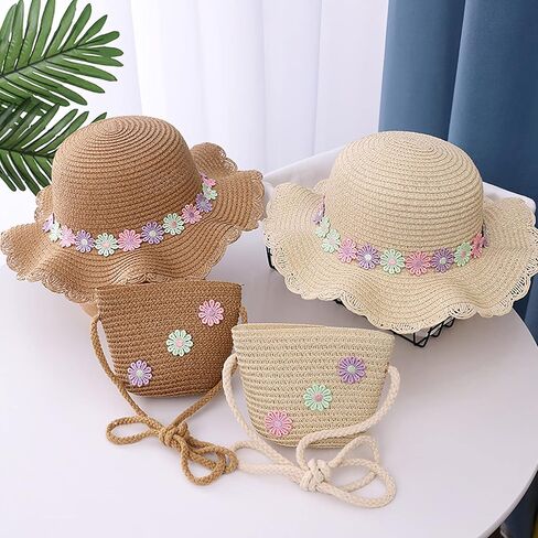 Hat and Bag Set, Toddler Girl Summer Wide Brim Beach Straw Hat with Flower and Shoulder Purse Bag in Saudi Arabia