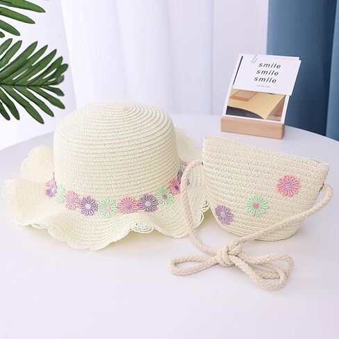 Hat and Bag Set, Toddler Girl Summer Wide Brim Beach Straw Hat with Flower and Shoulder Purse Bag in Saudi Arabia