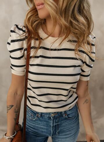 SHEWIN Women's Tops Puff Short Sleeve Shirts Casual Striped Knit Blouses in Saudi Arabia