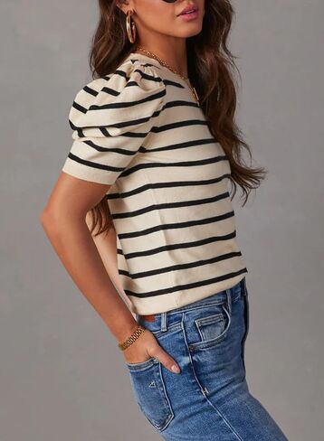 SHEWIN Women's Tops Puff Short Sleeve Shirts Casual Striped Knit Blouses in Saudi Arabia