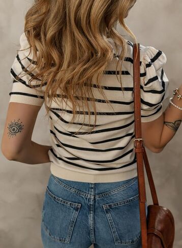 SHEWIN Women's Tops Puff Short Sleeve Shirts Casual Striped Knit Blouses in Saudi Arabia