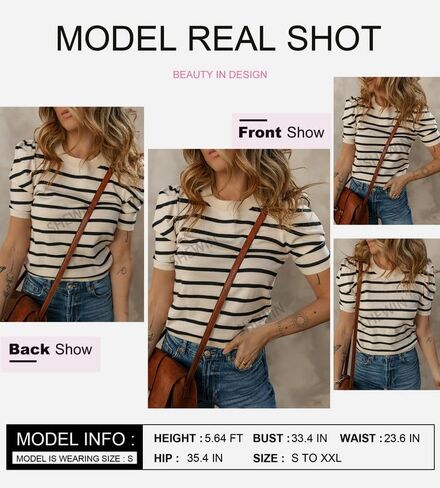 SHEWIN Women's Tops Puff Short Sleeve Shirts Casual Striped Knit Blouses in Saudi Arabia