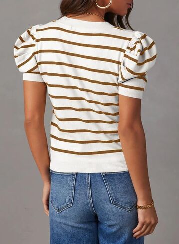 SHEWIN Women's Tops Puff Short Sleeve Shirts Casual Striped Knit Blouses in Saudi Arabia