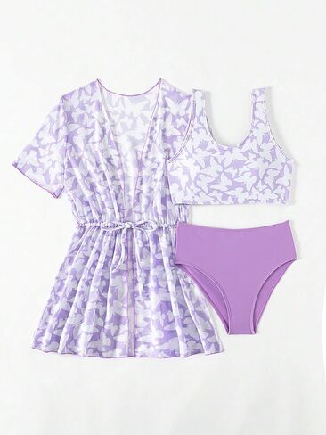 SOLY HUX Girl's Tropical Print Bikini Bathing Suit with Kimono 3 Piece Swimsuits in Saudi Arabia