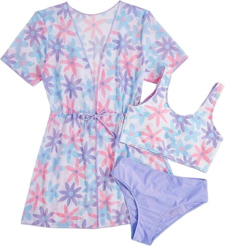 SOLY HUX Girl's Tropical Print Bikini Bathing Suit with Kimono 3 Piece Swimsuits in Saudi Arabia