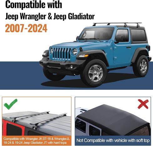 قضبان متقاطعة لرف السقف 330 رطل متوافقة مع جيب رانجلر JK JL Gladiator JT 2007-2024، 2 و4 أبواب من الألومنيوم شديدة التحمل وقضبان سقف قابلة للقفل وقضبان متقاطعة على السطح لنقل البضائع كاياك حامل الدراجة السوداء in Kuwait