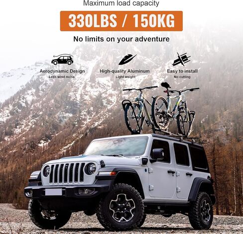 قضبان متقاطعة لرف السقف 330 رطل متوافقة مع جيب رانجلر JK JL Gladiator JT 2007-2024، 2 و4 أبواب من الألومنيوم شديدة التحمل وقضبان سقف قابلة للقفل وقضبان متقاطعة على السطح لنقل البضائع كاياك حامل الدراجة السوداء in Kuwait