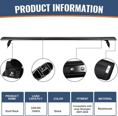 قضبان متقاطعة لرف السقف 330 رطل متوافقة مع جيب رانجلر JK JL Gladiator JT 2007-2024، 2 و4 أبواب من الألومنيوم شديدة التحمل وقضبان سقف قابلة للقفل وقضبان متقاطعة على السطح لنقل البضائع كاياك حامل الدراجة السوداء in Kuwait
