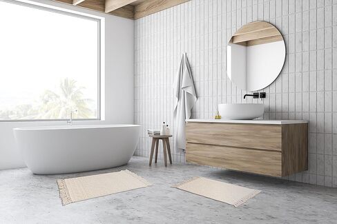 سجاد الحمام French Connection Nellore، مجموعة من 2 سجادات حمام منسوجة ومطرزة، سجاد حمام متين غير قابل للانزلاق، سجادات حمام سميكة للحمام وسجاد الدش، 17 بوصة × 28 بوصة و20 بوصة × 38 بوصة، عاجي in Kuwait