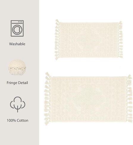 سجاد الحمام French Connection Nellore، مجموعة من 2 سجادات حمام منسوجة ومطرزة، سجاد حمام متين غير قابل للانزلاق، سجادات حمام سميكة للحمام وسجاد الدش، 17 بوصة × 28 بوصة و20 بوصة × 38 بوصة، عاجي in Kuwait