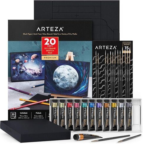 Arteza Gouache Painting Art Set, Metallic Gouache Paint 12 and Foldable Black Canvas Paper Bundle, DIY Kit, Art Supplies for Artists & Beginners, Art Kit for Adults in Saudi Arabia
