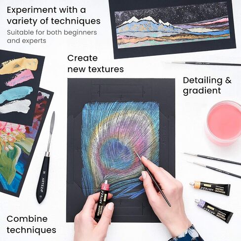 Arteza Gouache Painting Art Set, Metallic Gouache Paint 12 and Foldable Black Canvas Paper Bundle, DIY Kit, Art Supplies for Artists & Beginners, Art Kit for Adults in Saudi Arabia