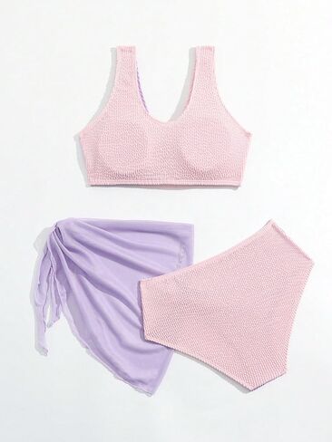 OYOANGLE Girl's 3 Piece Bikini Swimsuit Textured Color Block Ring Linked Swimsuit with Cover Up in Saudi Arabia