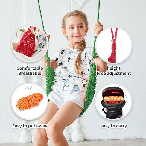 Hand-Knitting Kids Swing, Indoor Outdoor Portable Tree Swing Seat,Adjustable Ropes, with Hanging Strap and Snap Hook for Camping Hiking Backyard Playset and Playroom, Easy Install(Blue)… in Saudi Arabia