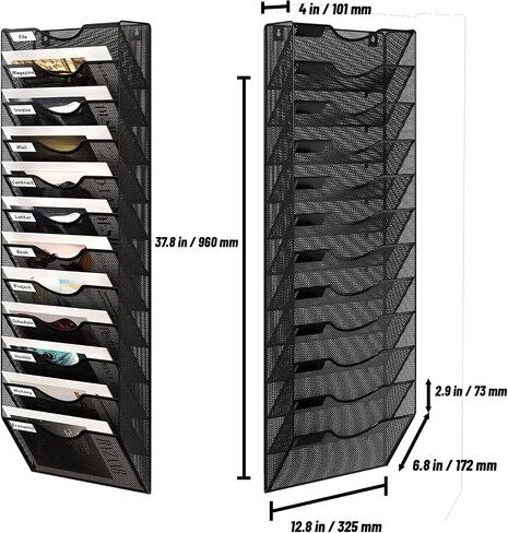 12 Tier Hanging File Holder, Metal Wall File Organizer, Hanging File Organizer for Office, Mail Organizer Wall Mounted, Convenient Office Organization, Black in Saudi Arabia