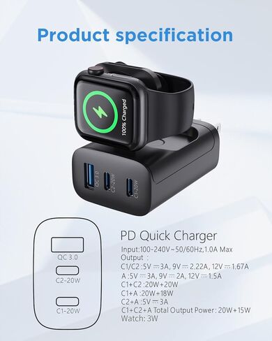 لوحدة شحن ساعة Apple، شاحن حائط 43 وات PD USB C، محول طاقة سريع قابل للطي لهاتف iPhone، شاحن سفر متعدد المنافذ لأجهزة Samsung وAndroid والأجهزة اللوحية والساعات والهواتف in Kuwait